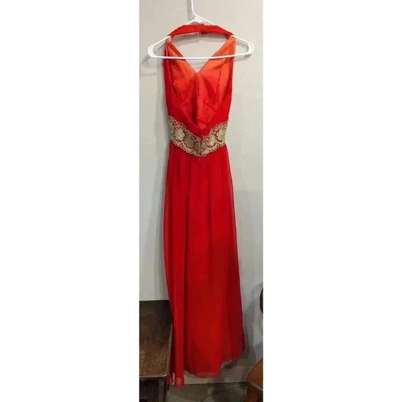 VINTAGE 1970s halter tangerine dress w/gold beaded waist detailing Jr Theme XS - Picture 4 of 8
